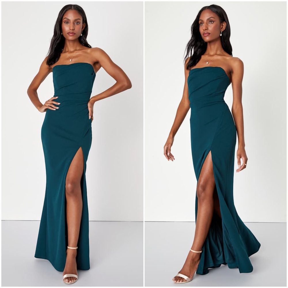 NWT LULUS‎ Strapless Draped Pleated Bodice Side Slit Mermaid Skirt Formal Gown L